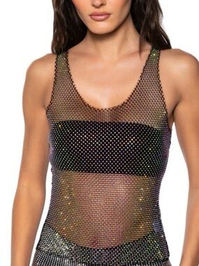 New Faded Rose Iridescent Rhinestone Mesh Tank Top